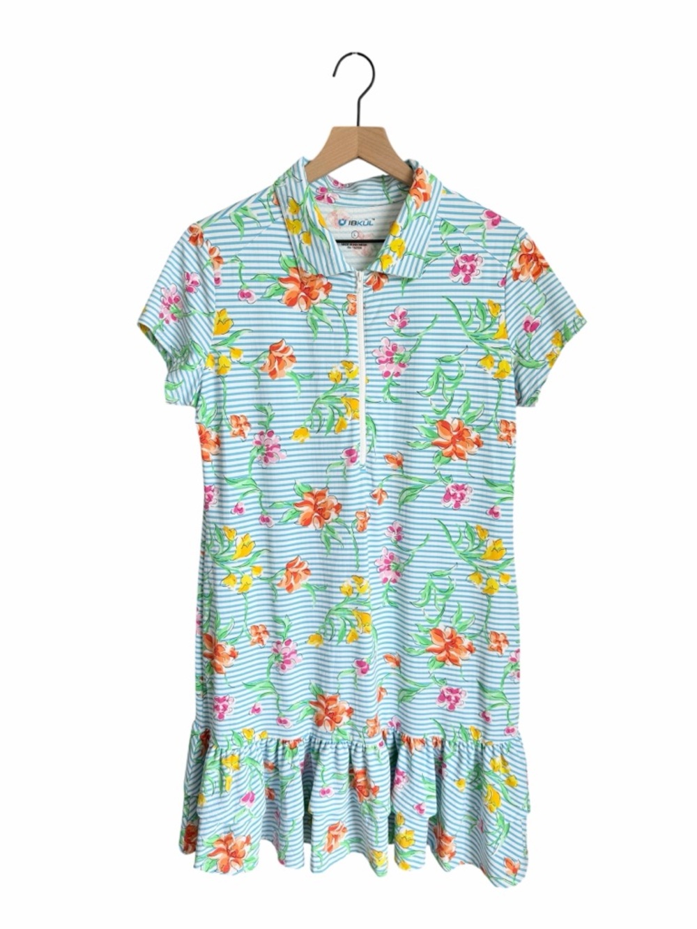 IBKÜL Floral Striped Zip Up Dress White Blue Size  Large